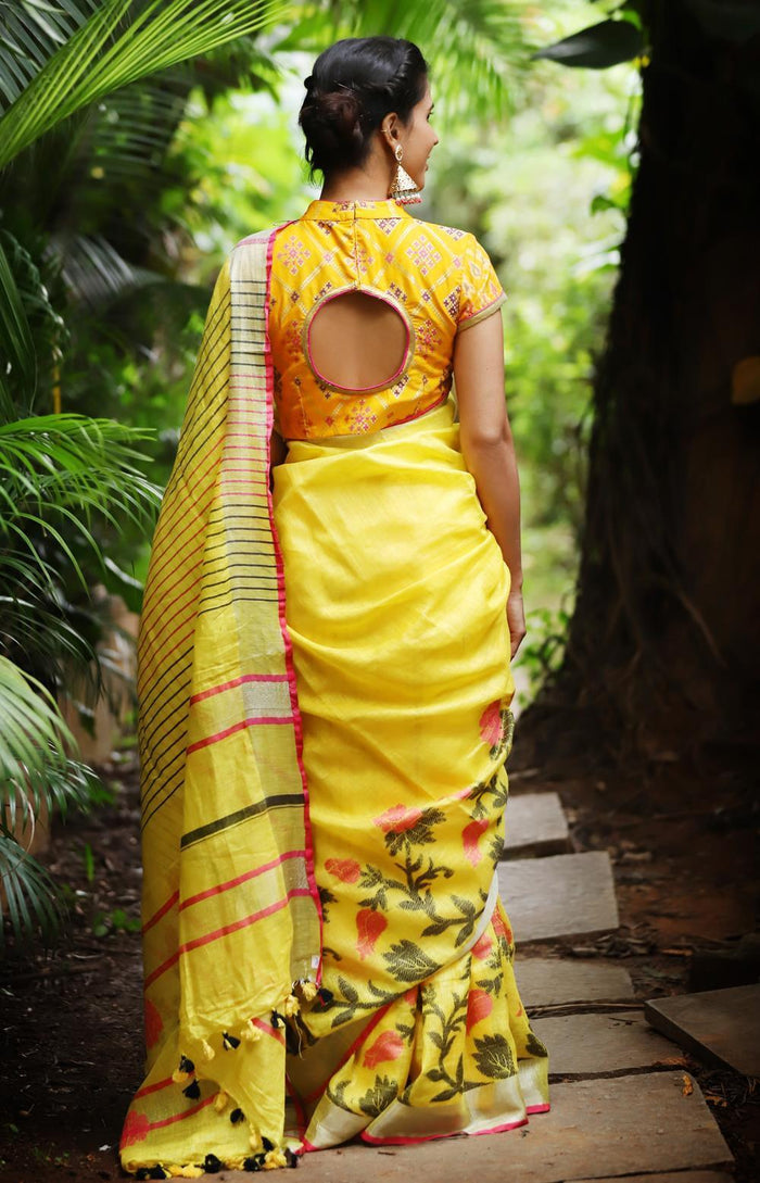 Glowing Light Yellow Colored Casual Printed  Pure Linen Saree