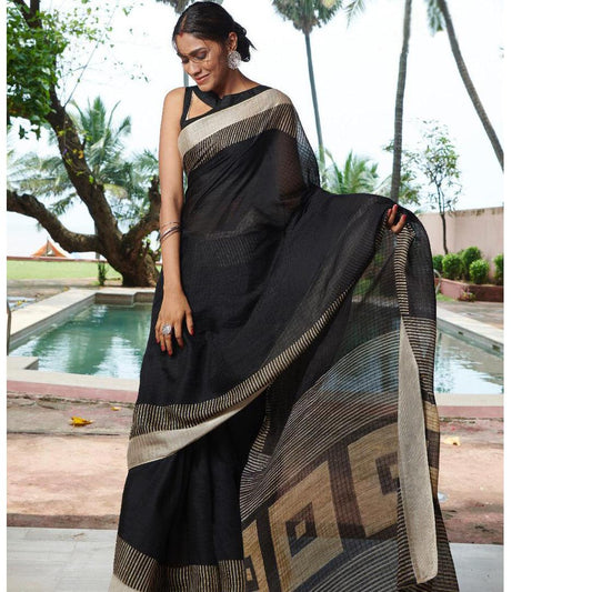 Gorgeous Black Colored Printed Pure Linen Saree For Women - Ibis Fab