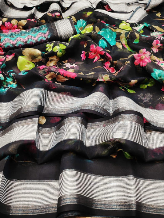 Gorgeous Black Colour Women's Pure Linen Saree With Unstiched Blouse Piece - Ibis Fab