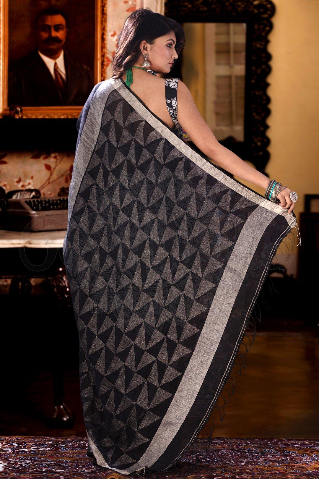 Gorgeous Black Pure Linen Designer Saree - Ibis Fab