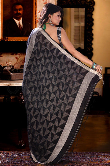 Gorgeous Black Pure Linen Designer Saree