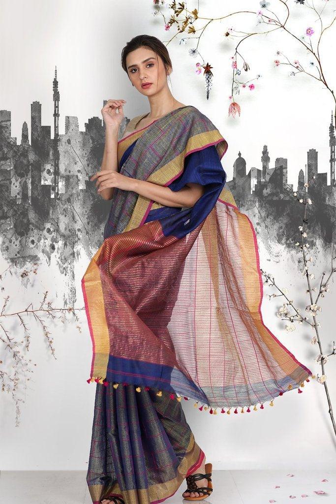 Gorgeous Dark blue Pure Linen Designer Saree - Ibis Fab