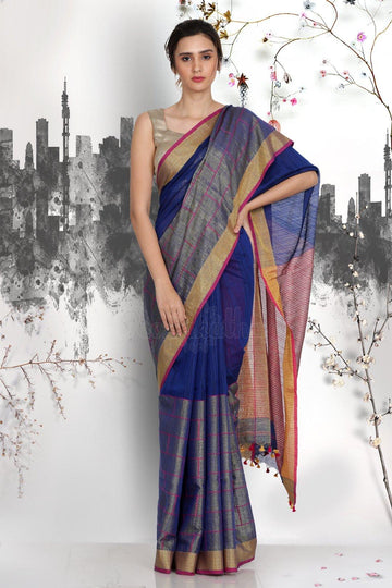 Gorgeous Dark blue Pure Linen Designer Saree