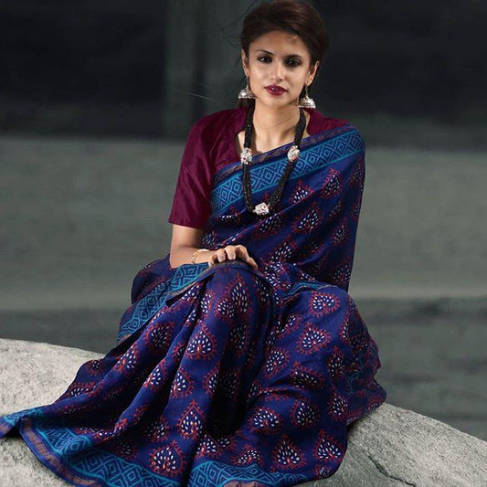 Gorgeous Night Blue Colored Pure Linen Printed Saree - Ibis Fab