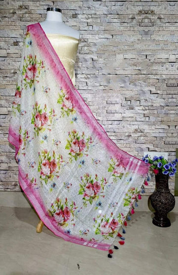 Gorgeous Pink and white Base Digital Linen Dupatta