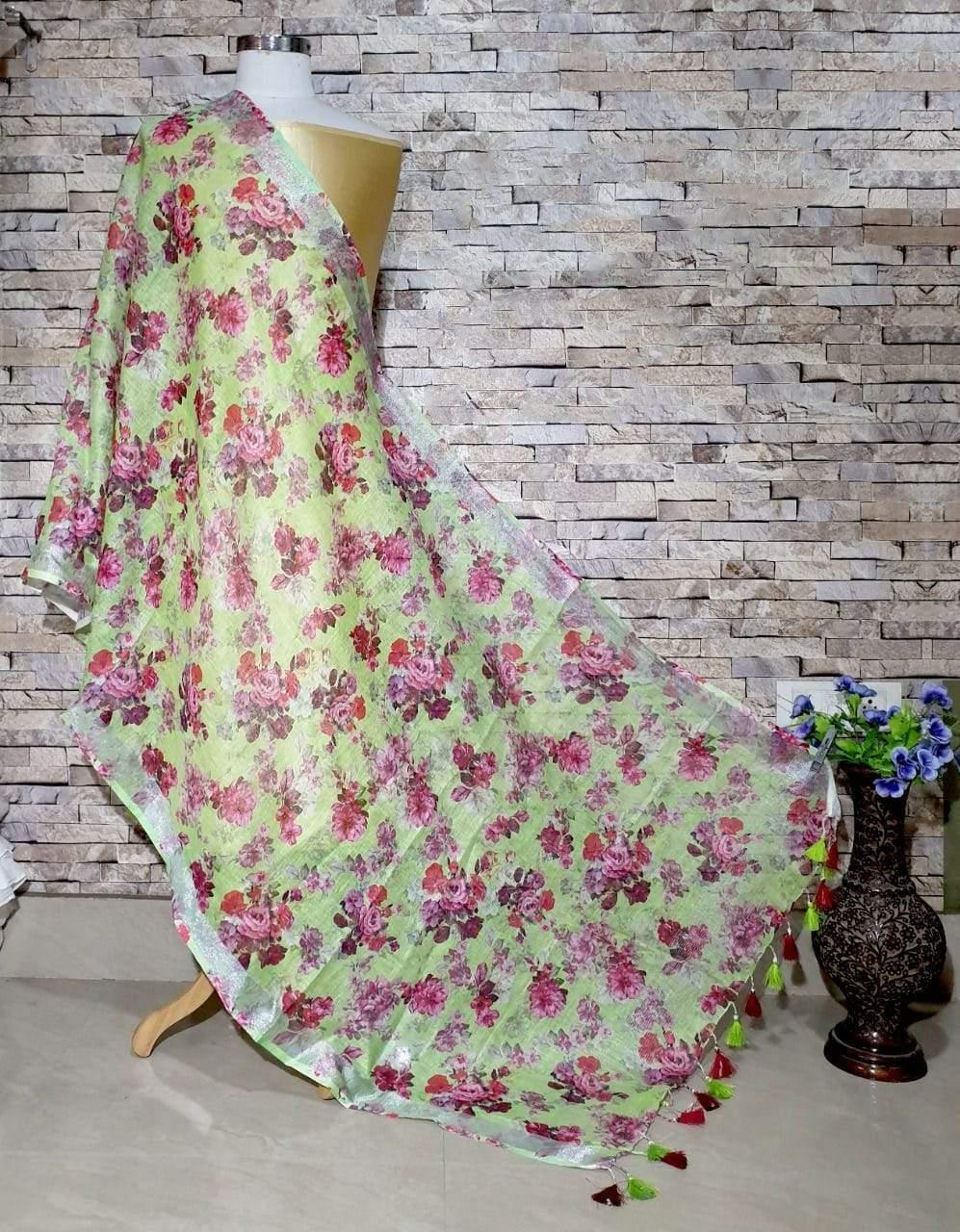 Gorgeous Pistachio Green Base Floral Print Digital Print Linen Dupatta - Ibis Fab