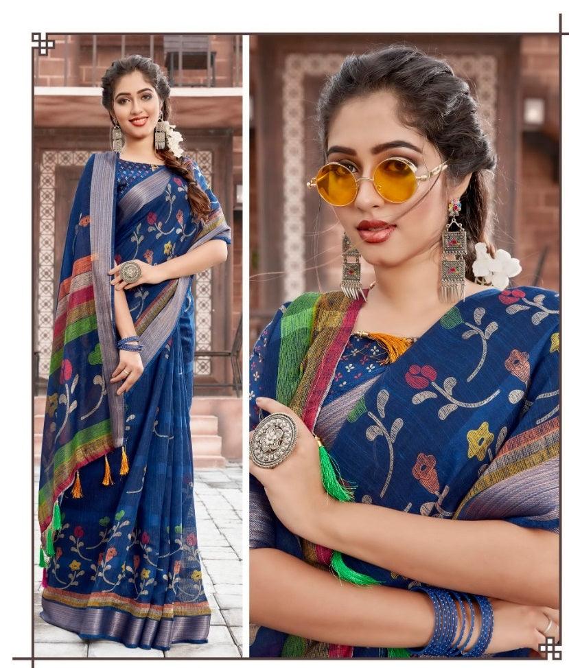 Gorgeous Pure Cotton Night Blue Colored Casual Printed Saree - Ibis Fab