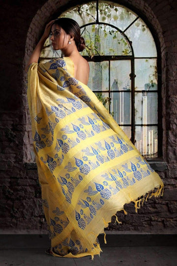 Gorgeous Yellow Colored  Festive Wear Printed  Pure Linen Saree
