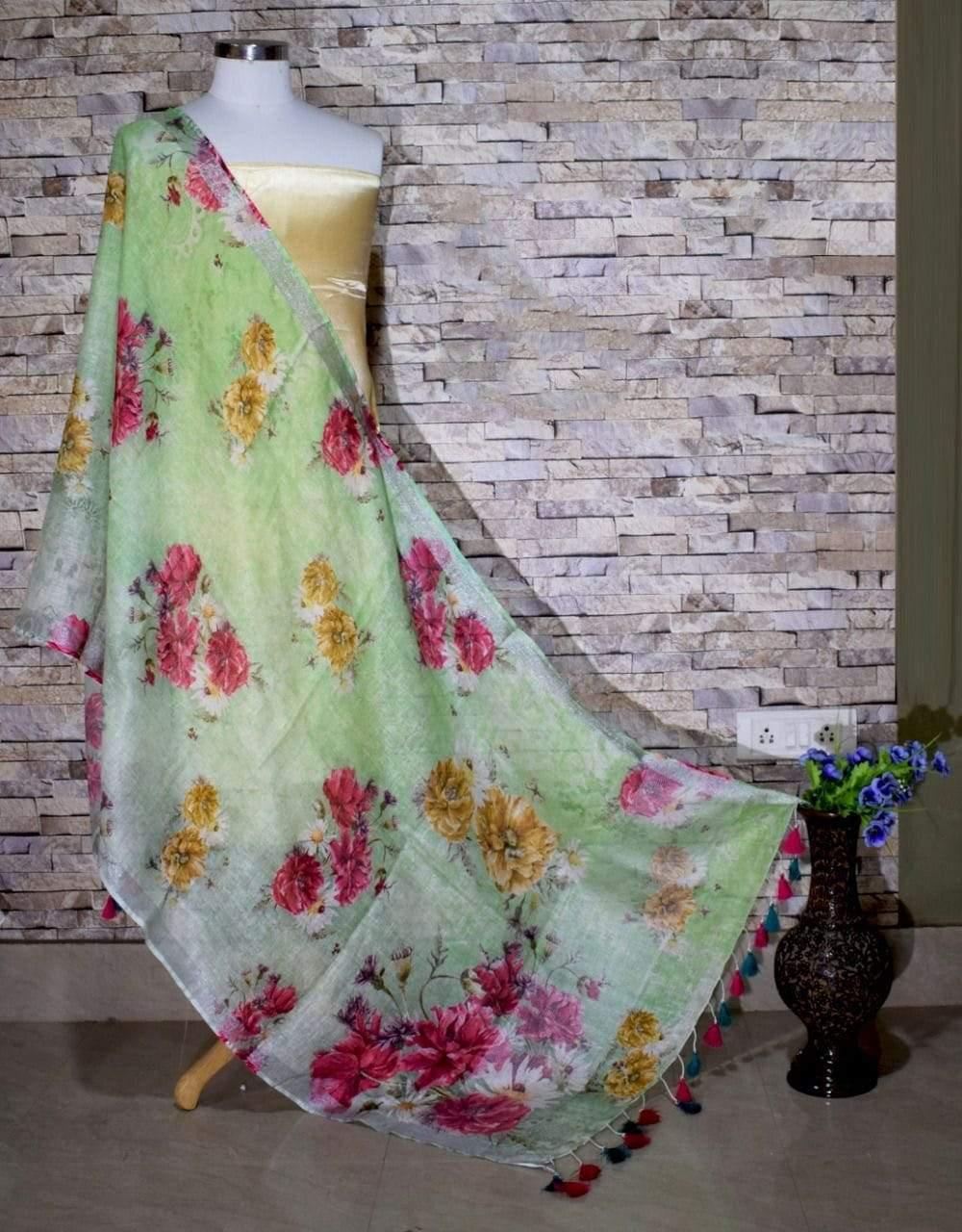 Graceful Gradient Green Floral Print Digital Linen Dupatta - Ibis Fab