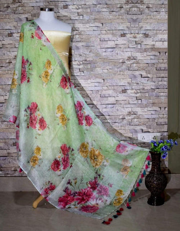 Graceful Gradient Green Floral Print Digital Linen Dupatta