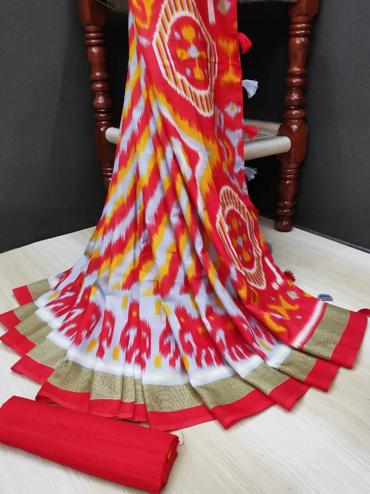 Graceful Pure Linen Red Colored Casual Printed Saree - Ibis Fab