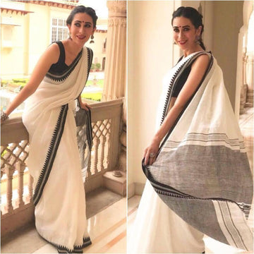 Graceful White Colored  Festive Wear Printed  Pure Linen Saree