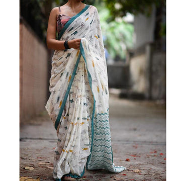 Graceful White Colored Festive Wear Pure Linen Designer Saree