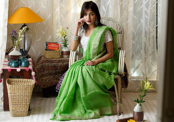 Green Pure Linen Designer Saree