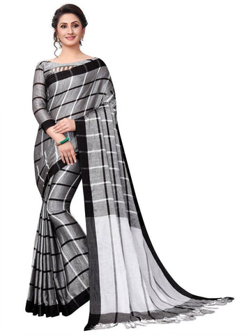 Grey Color Pure Linen Designer Saree