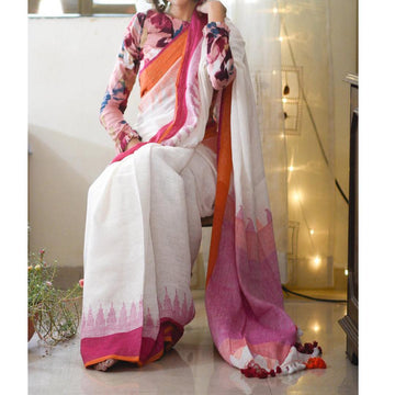 Groovy White Colored Festive Wear Pure Linen Designer Saree