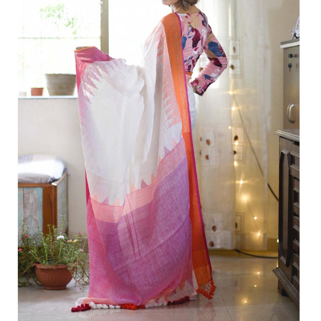 Groovy White Colored Festive Wear Pure Linen Designer Saree - Ibis Fab