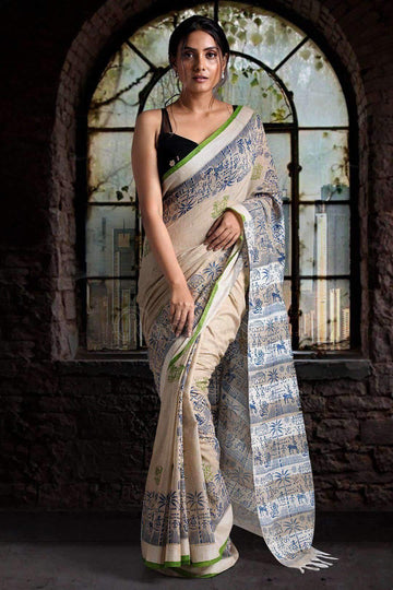 Hypnotic Beige Colored  Festive Wear Printed  Pure Linen Saree