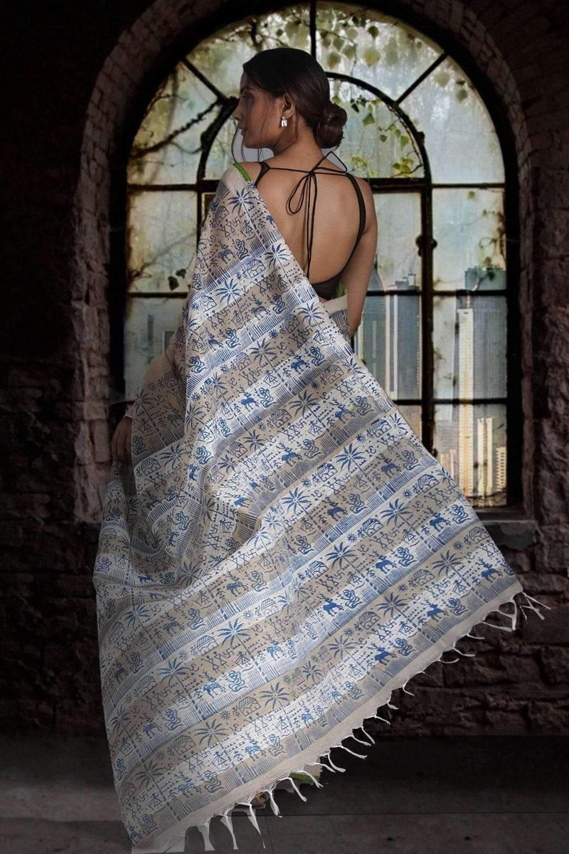 Hypnotic Beige Colored Festive Wear Printed Pure Linen Saree - Ibis Fab