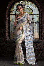 Hypnotic Beige Colored Festive Wear Printed Pure Linen Saree - Ibis Fab
