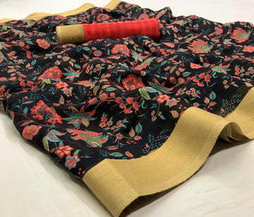 Hypnotic Black  Colored With Gold Border  Partywear Printed Pure Linen saree