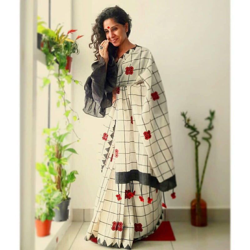 Hypnotic Grey And White Colored Festive Wear Printed Pure Linen Saree - Ibis Fab