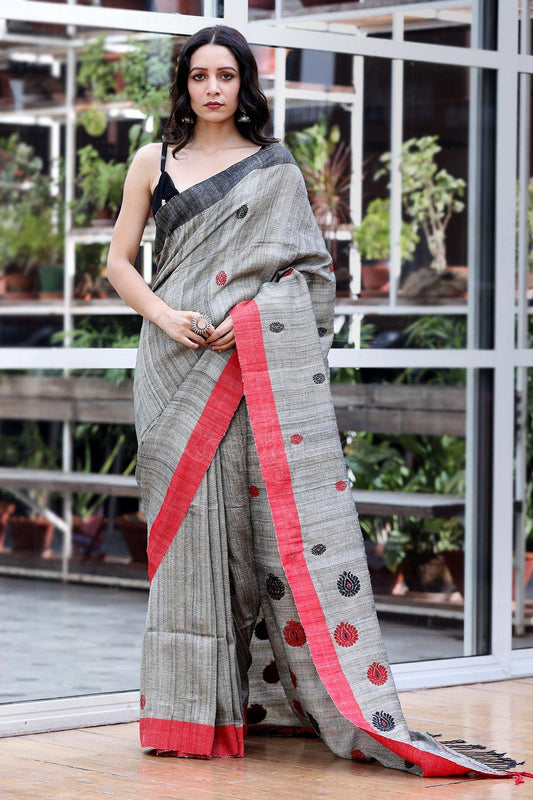 Hypnotic Grey Colored Festive Wear Printed Pure Linen Saree - Ibis Fab