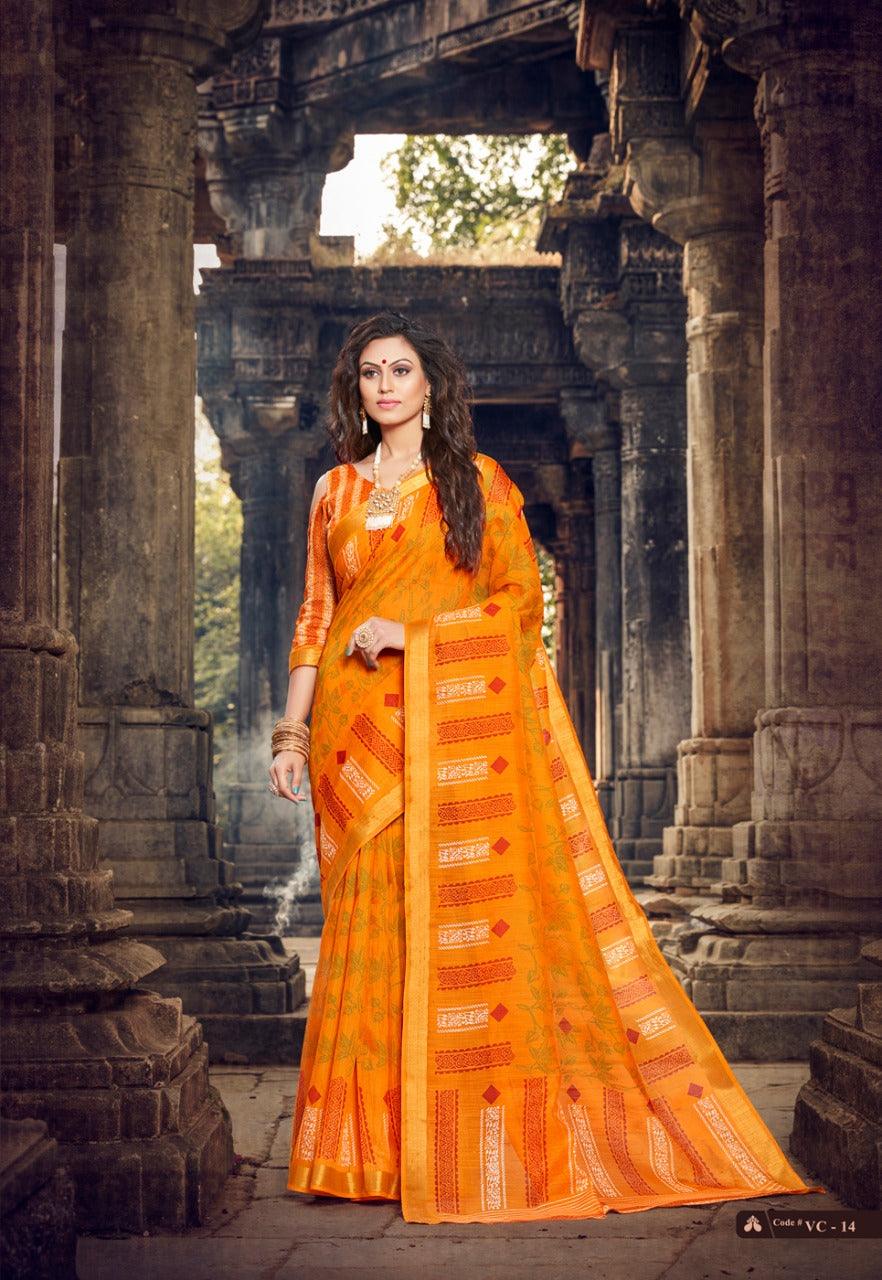 Hypnotic Orange Colored Partywear Pure linen Saree - Ibis Fab
