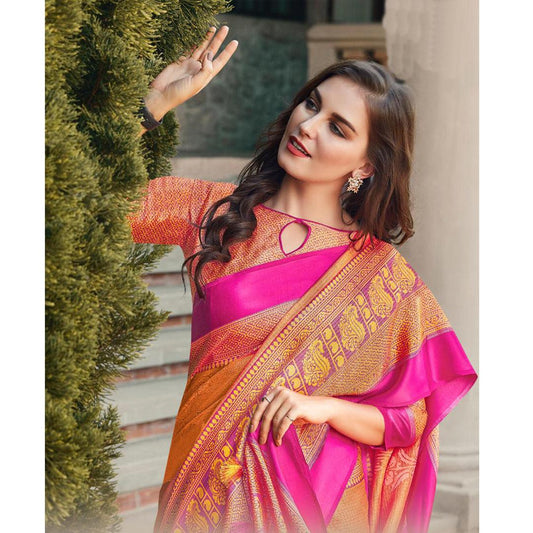 Hypnotic Pink And Orange Colored PartyWear Pure Linen Saree - Ibis Fab