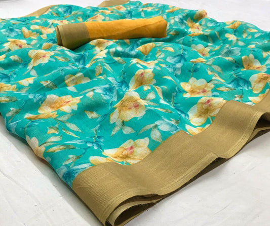 Hypnotic Rama Colored With Gold Border Pure Linen saree - Ibis Fab