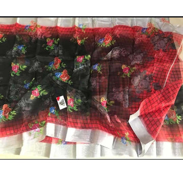 Hypnotic Red And Black Colored Party Wear Pure linen Printed Saree