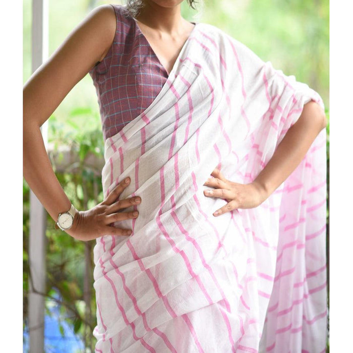 Hypnotic White With Wine Colored Festive Wear Pure Linen Designer Saree