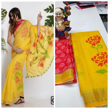 Hypnotic Yellow And Red Colored  Festive Wear Printed  Pure Linen Saree