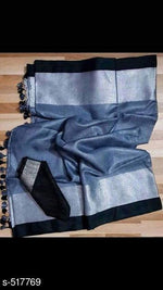 Ideal Grey linen saree with black and silver border - Ibis Fab