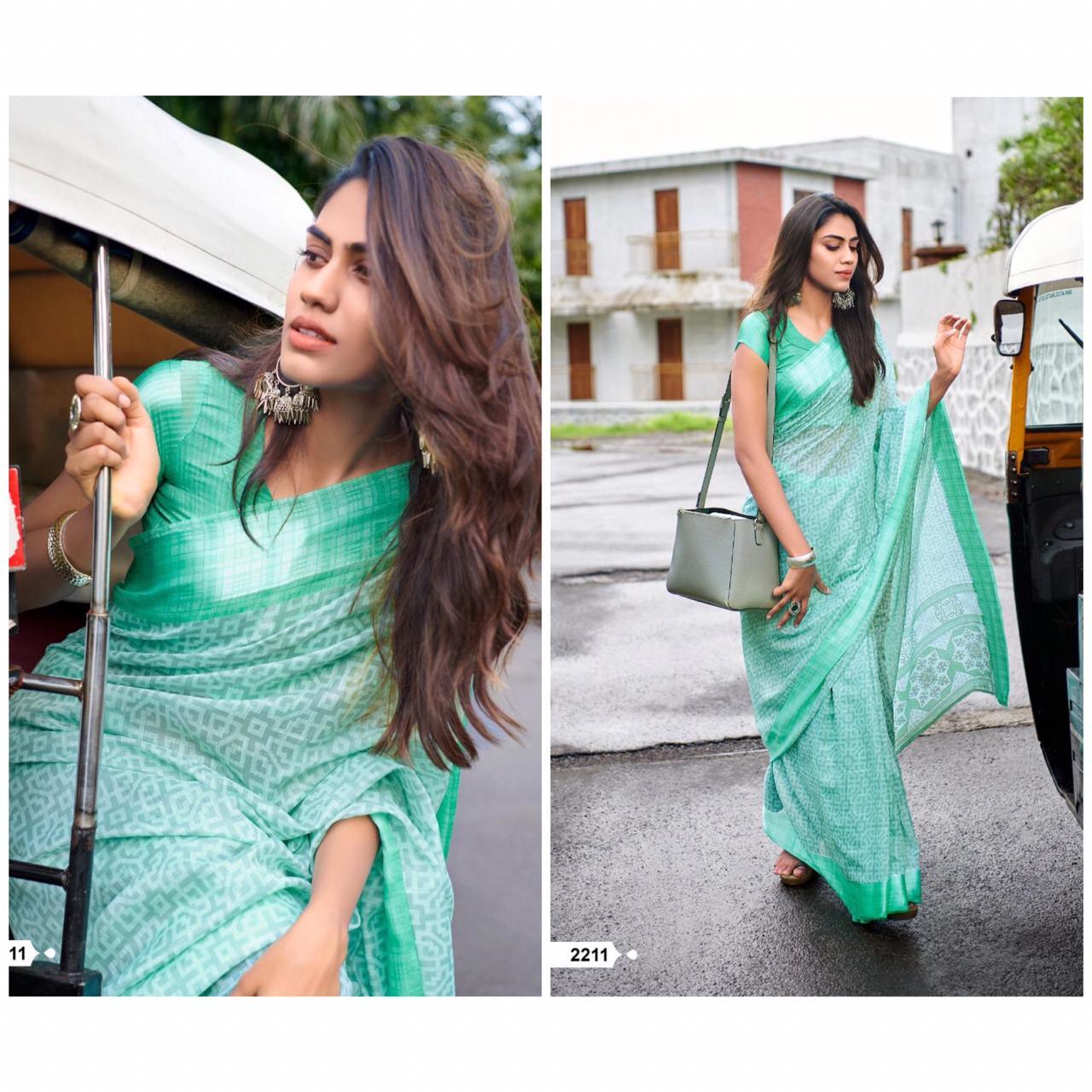 Ideal Mint Colour Printed Pure Linen Saree For Women - Ibis Fab