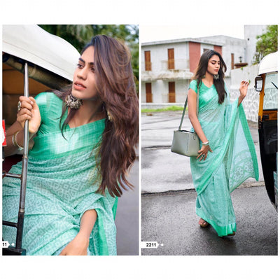 Ideal Mint Colour Printed Pure Linen Saree For Women - Ibis Fab