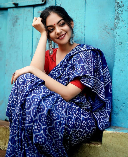 Ideal NavyBlue Colour Printed Pure Linen Saree For Women - Ibis Fab