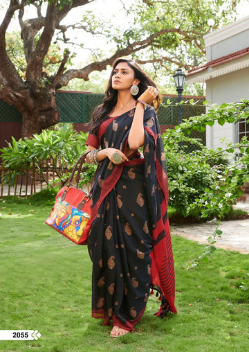 Ideal  Pure Black Colored Festive Wear Linen Designer Saree
