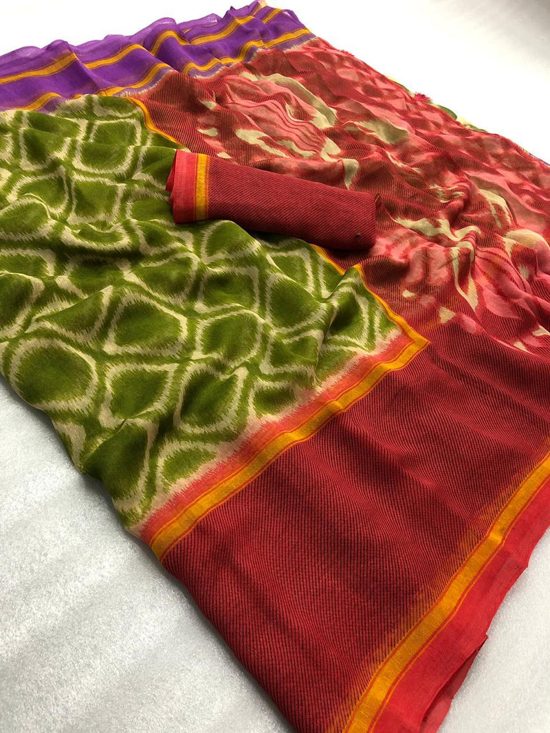 Ideal Pure Linen Mehndi And Red Colored Casual Printed Saree - Ibis Fab