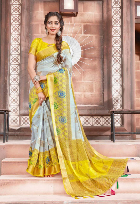 Ideal Pure Linen Yellow And Grey Colored Casual Printed Saree - Ibis Fab