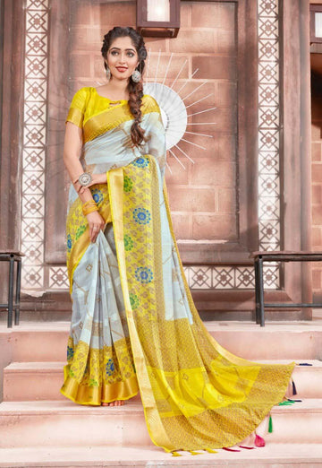 Ideal Pure Linen Yellow And Grey Colored Casual Printed Saree