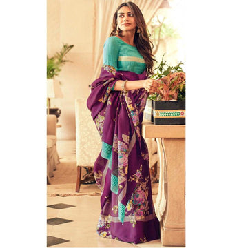 Ideal Violet Colour Printed Pure Linen Saree For Women