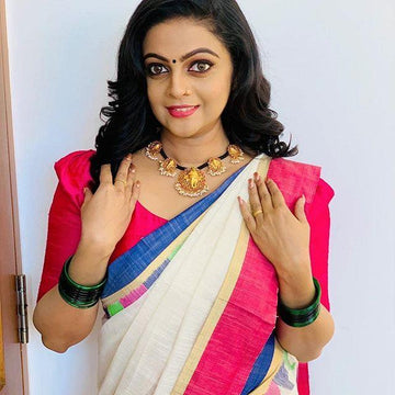 Ideal White And Pink Colored Printed  Pure Linen Saree For Women