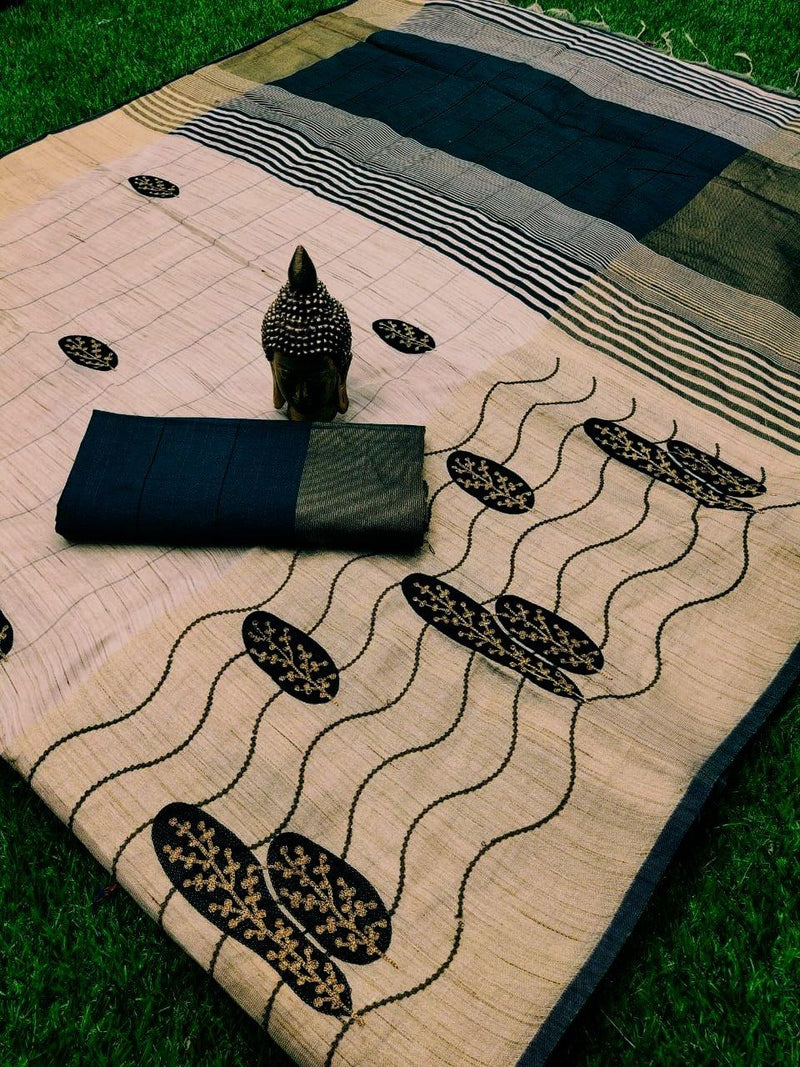 Ideal White Colored Festive Wear Embroidered Handloom Cotton Silk Saree - Ibis Fab