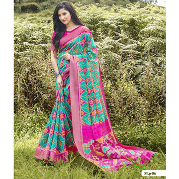 Imposing light blue Colored  Party Wear Pure linen Printed Saree