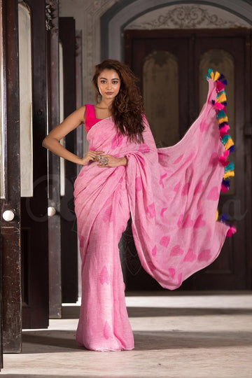 Imposing Pink Casual Printed Pure Linen Saree