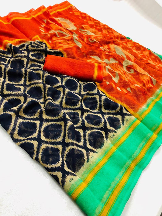 Imposing Pure Linen Dark Blue And Orange Colored Casual Printed Saree - Ibis Fab