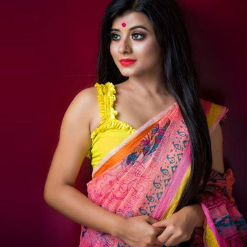 Impressive Baby Pink Colored  Festive Printed  Pure Linen Saree