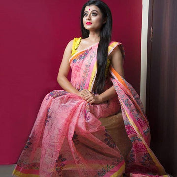 Impressive Baby Pink Colored  Festive Printed  Pure Linen Saree