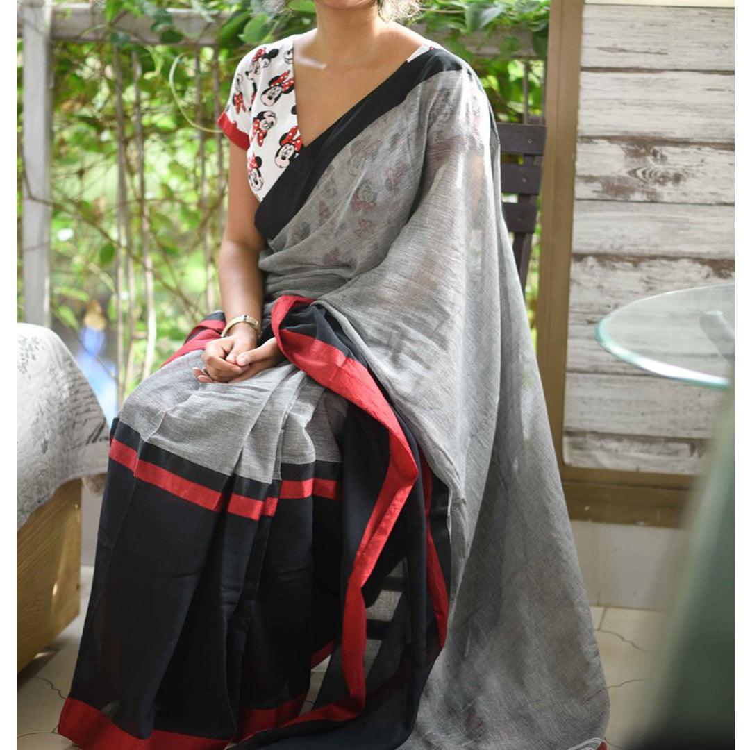 Impressive Black And Grey Colored Festive Wear Pure Linen Designer Saree - Ibis Fab